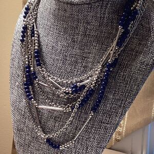 Silver and Blue Beaded  4 Strand Necklace